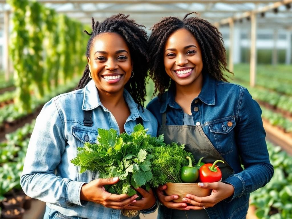 Two women farmers at a greenhouse farm holding fresh produce