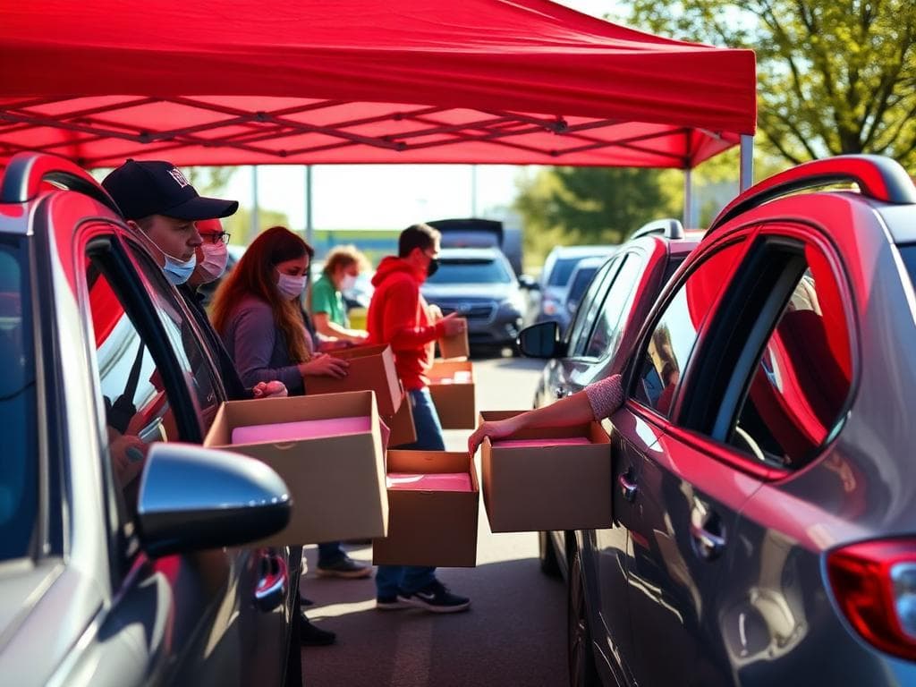 Volunteers distributing food boxes at community drive-through event